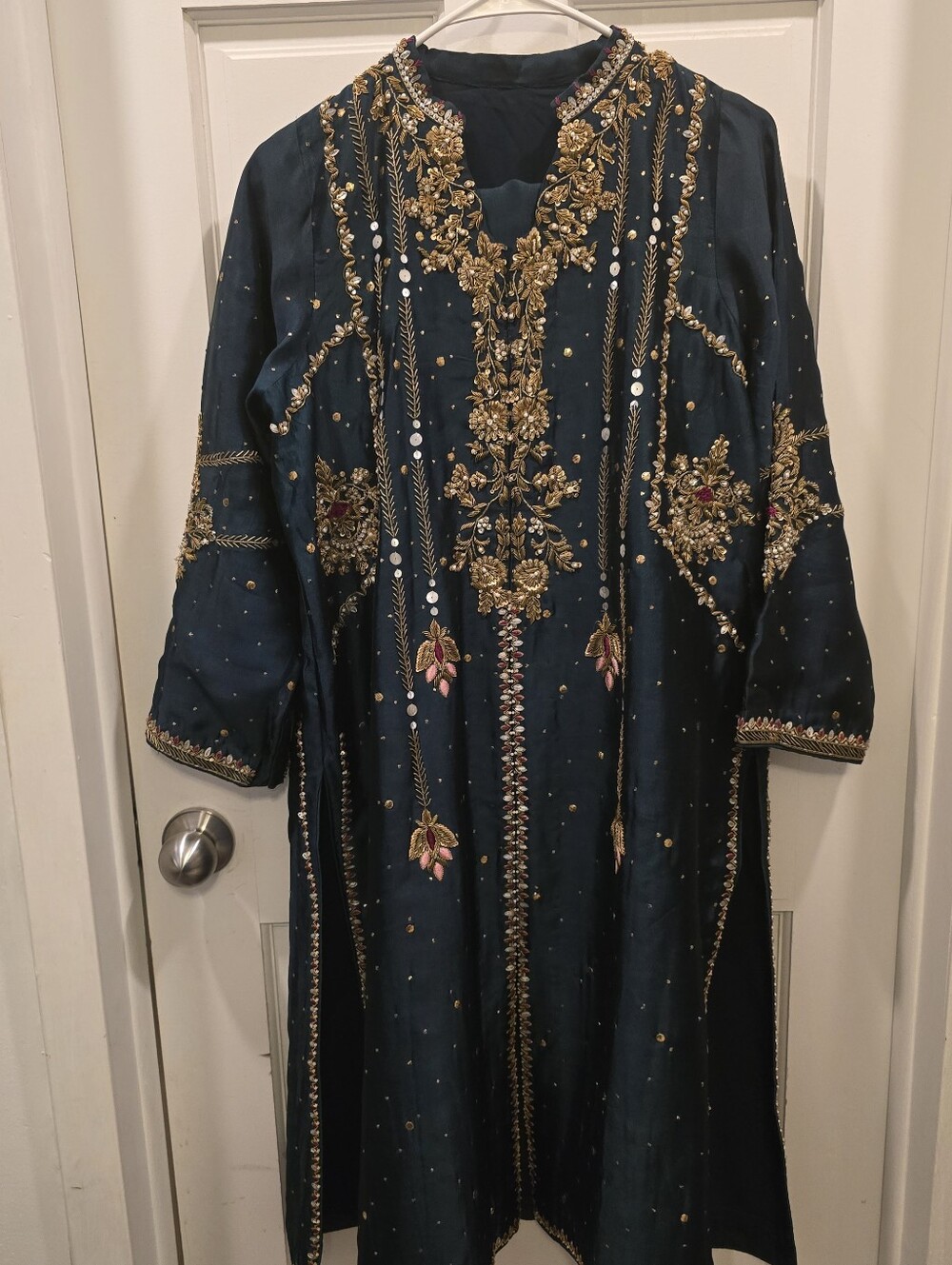 Embroidered Forest Green Color 3 Piece Dress In Large Size.